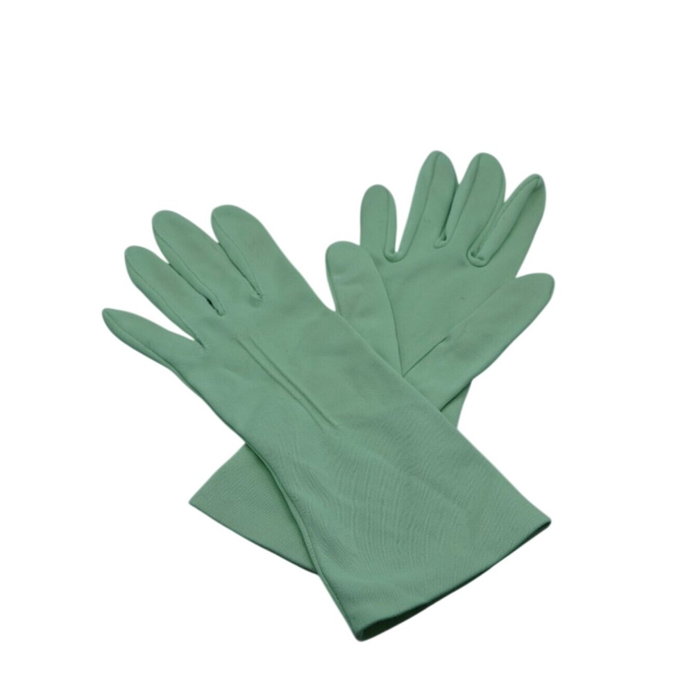 Vintage Mint Green Gloves Nylasuede Wrist Length 50s Pastel Balletcore Sz 7